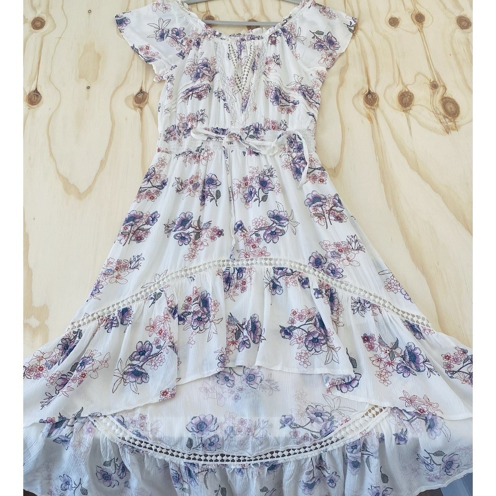 Boho Off Shoulder Floral Romantic High Low Midi Dress Summer Ruffle Size Medium